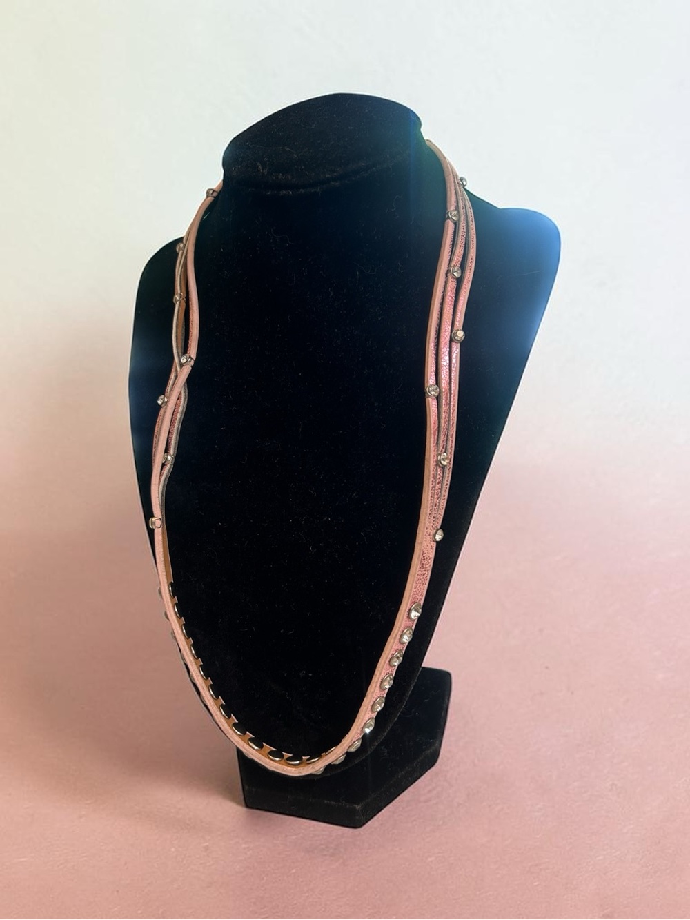 Pink Metallic Multi-Strand Studded Leather Necklace - Vintage Costume
